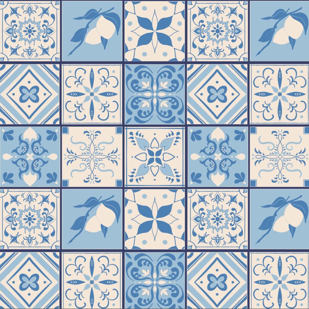 Spanish Revival Tile wallpaper in classic blue and white